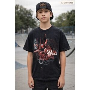 Y2K GWP Sport SK8 Assault T-Shirt Youth Boys Size XL Black Sk8 Assault Graphic